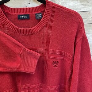Vintage IZOD Mens XL Sweater Red Crewneck Pullover 100% Cotton Crest Logo Preppy